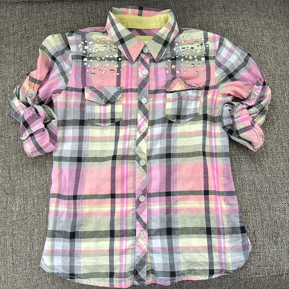Justice Girls Plaid Button Up Shirt Studded Rhinestone Pink Size 8